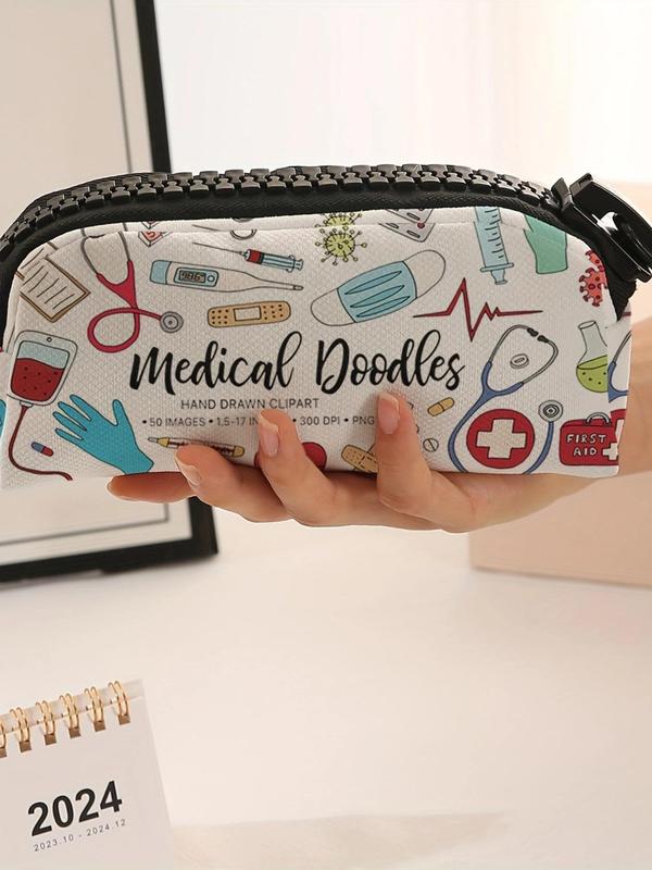 Random Doctor's Equipment Pattern Makeup Bag, Large Zipper Makeup Bag, Durable Polyester Storage Bag for School Supplies and Stationery