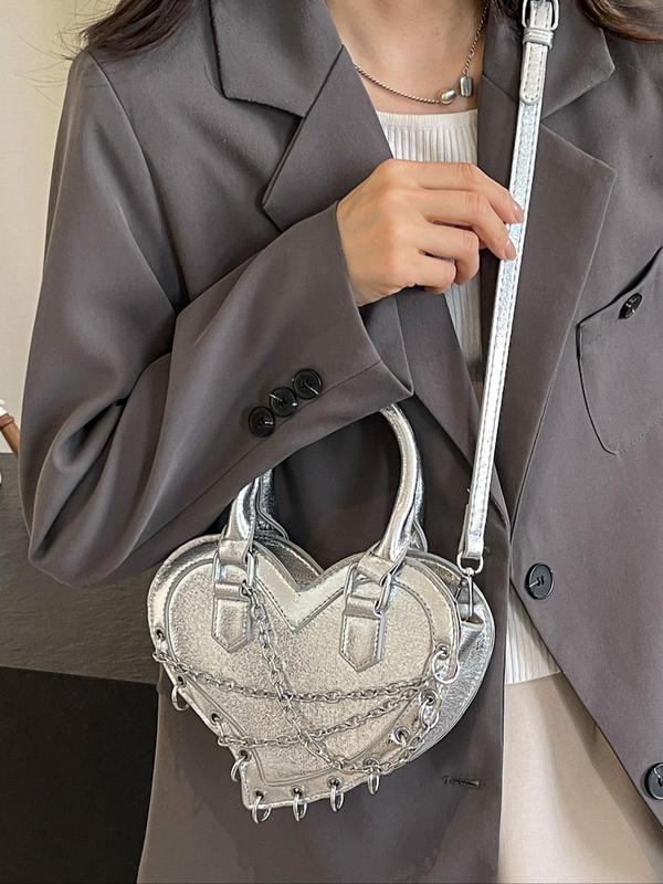 Women's Punk Style Heart Shaped Novelty Handbag, Fashionable Chain Strap Crossbody Bag for Daily Used, Casual Trendy Versatile High-quality Daily Commuting Bag