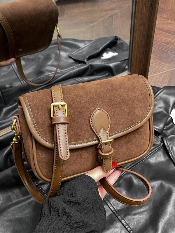 Women's Solid Color Suede Crossbody Bag, Fashionable Vintage Style Saddle Bag for Daily Used, Casual Trendy Versatile High-quality Daily Commuting Bag