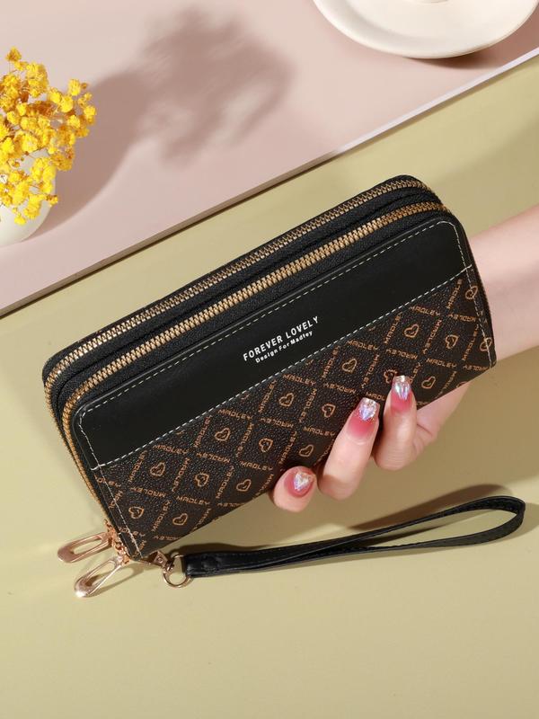 Women's Elegant Heart & Letter Pattern Long Wallet, Large Capacity Zipper Wristlet Purse, Fashionable Card Holder for Daily Use for Women & Girls