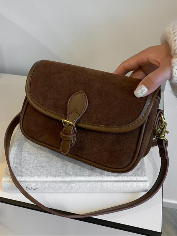 Women's Solid Color Suede Crossbody Bag, Fashionable Vintage Style Saddle Bag for Daily Used, Casual Trendy Versatile High-quality Daily Commuting Bag