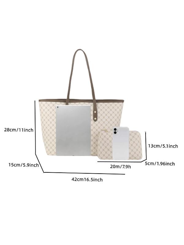 Women's Geometric Pattern Tote Bag with Makeup Bag, Fashionable PU Leather Shoulder Bag with Mini Bag, Casual Versatile Large Capacity Commuting Bag Set for Women