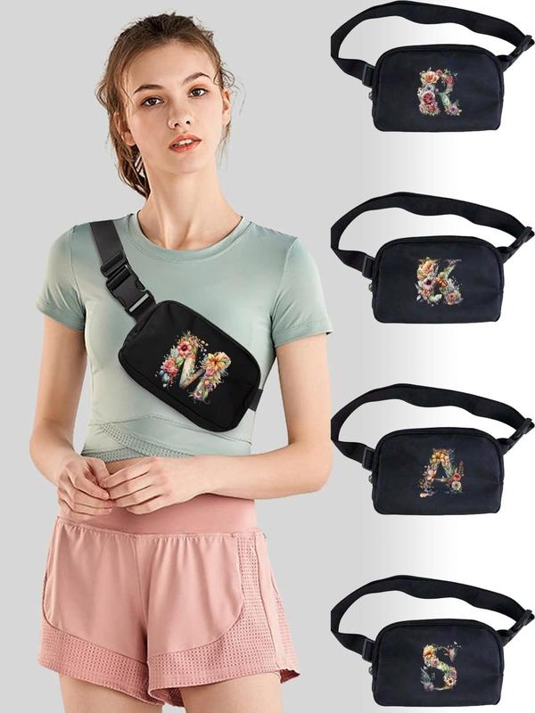 Fashion Letter & Floral Pattern Fanny Pack, Casual Versatile Zipper Chest Bag for Women & Men, Outdoor Sports Running Waist Bag