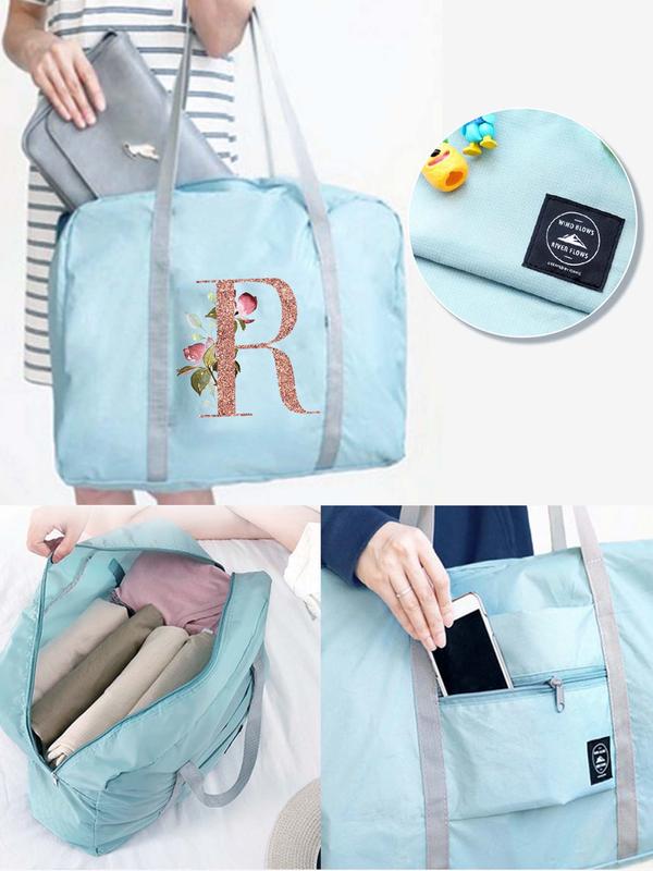 Letter & Floral Pattern Travel Bag, Large Capacity Organizer, Foldable Luggage, Tote Bag, Clothing Storage Duffel Bag, Travel Accessories