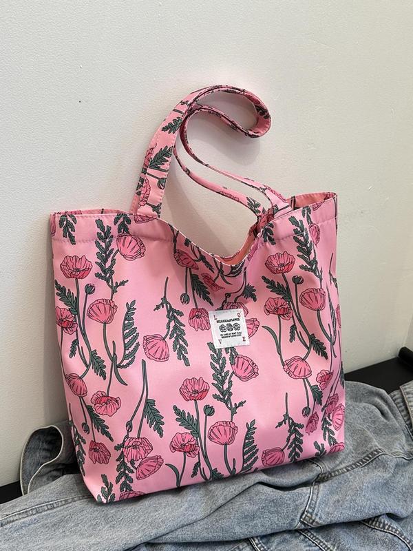 Women's Fashion Full Floral Pattern Print Handbag, Sweet Versatile Oxford Cloth Tote Bag for Girls, Lightweight Large Capacity Shoulder Bag for Daily Use