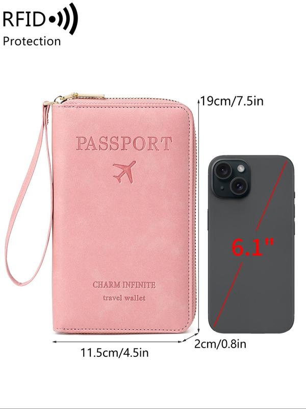 Letter Pattern Passport Holder, 2024 New Style Portable Passport Case with Zipper & Wrist Strap, Multi-functional Airplane Ticket Clip, Travel Credit Card Wallet