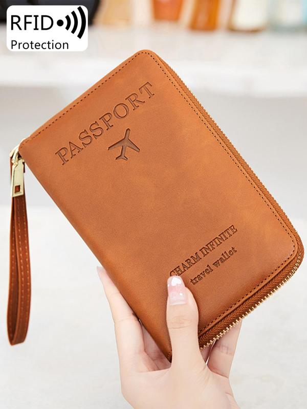 Letter Pattern Passport Holder, 2024 New Style Portable Passport Case with Zipper & Wrist Strap, Multi-functional Airplane Ticket Clip, Travel Credit Card Wallet