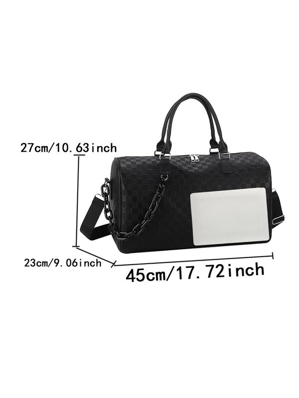 Fashion Plaid Pattern Pu Leather Chain Decor Travel Bag, Casual Large Capacity Adjustable Strap Boston Travel Bag for Women & Men for Travel & Daily Used