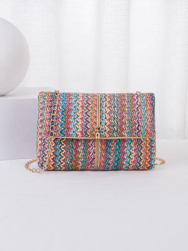 Women's Fashion Tassel Decorated Straw Crossbody Bag, Summer Casual Striped Pattern Design Flap Shoulder Bag for Daily Used, Female Classic Square Bag