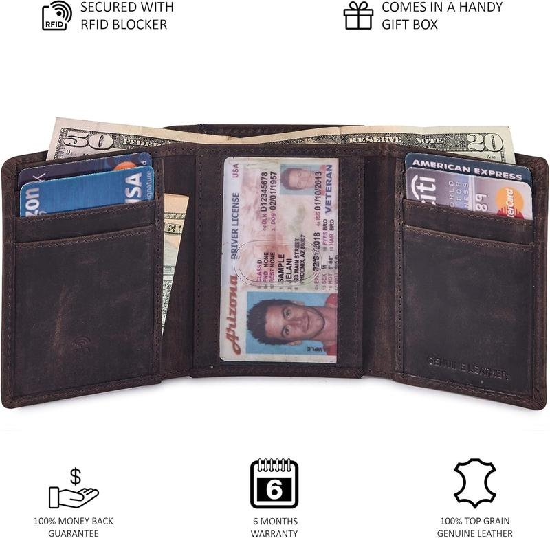 Wallet for Men Trifold Real Leather RFID Blocking Credit Card Case with ID Window in Gift Box