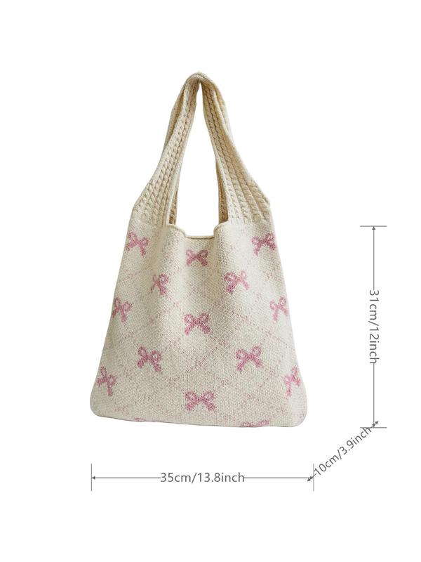 Women's Bow Pattern Everything Tote Bag, Fashionable Plain Crochet Shoulder Bag for Spring Daily Use, Summer Casual Trendy Versatile High-quality Daily Commuting Work Bags for Women