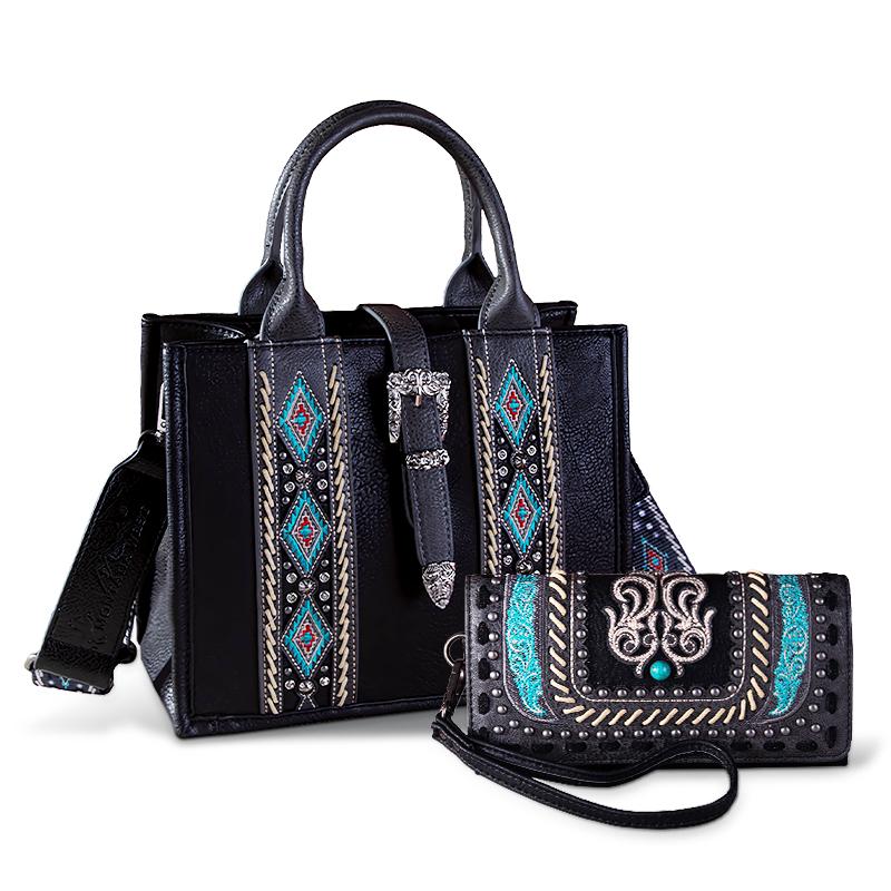 Montana West Fashion Whipstitch Concealed Carry Tote Embroidery Stylish Rivets & Wallet Set of 2