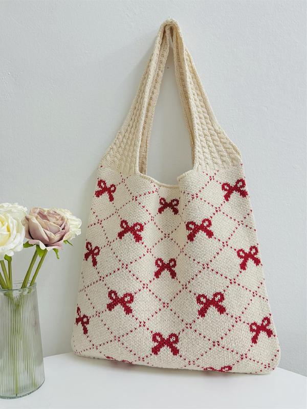 Women's Bow Pattern Everything Tote Bag, Fashionable Plain Crochet Shoulder Bag for Spring Daily Use, Summer Casual Trendy Versatile High-quality Daily Commuting Work Bags for Women