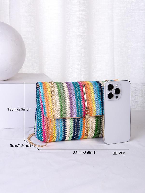 Women's Fashion Tassel Decorated Straw Crossbody Bag, Summer Casual Striped Pattern Design Flap Shoulder Bag for Daily Used, Female Classic Square Bag