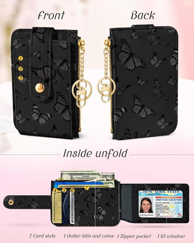 Credit Card Holder Wallet for Women - Cute Small for Ladies Teen Girls Female Rfid Butterfly Black Leather Cardholder Wallets Organizer Purse Girly Aesthetic Print Unique Zipper