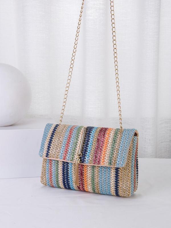 Women's Fashion Tassel Decorated Straw Crossbody Bag, Summer Casual Striped Pattern Design Flap Shoulder Bag for Daily Used, Female Classic Square Bag