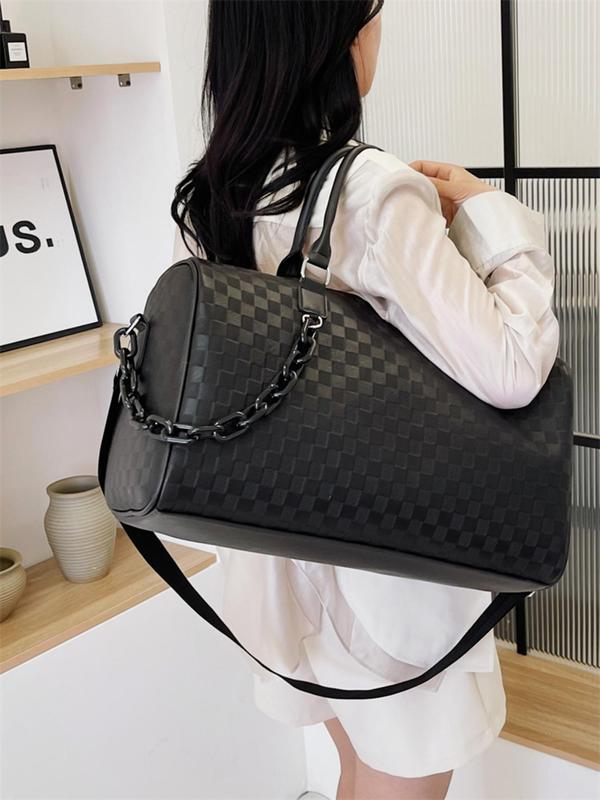 Fashion Plaid Pattern Pu Leather Chain Decor Travel Bag, Casual Large Capacity Adjustable Strap Boston Travel Bag for Women & Men for Travel & Daily Used