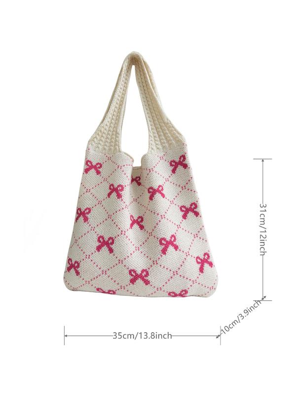 Women's Bow Pattern Everything Tote Bag, Fashionable Plain Crochet Shoulder Bag for Spring Daily Use, Summer Casual Trendy Versatile High-quality Daily Commuting Work Bags for Women