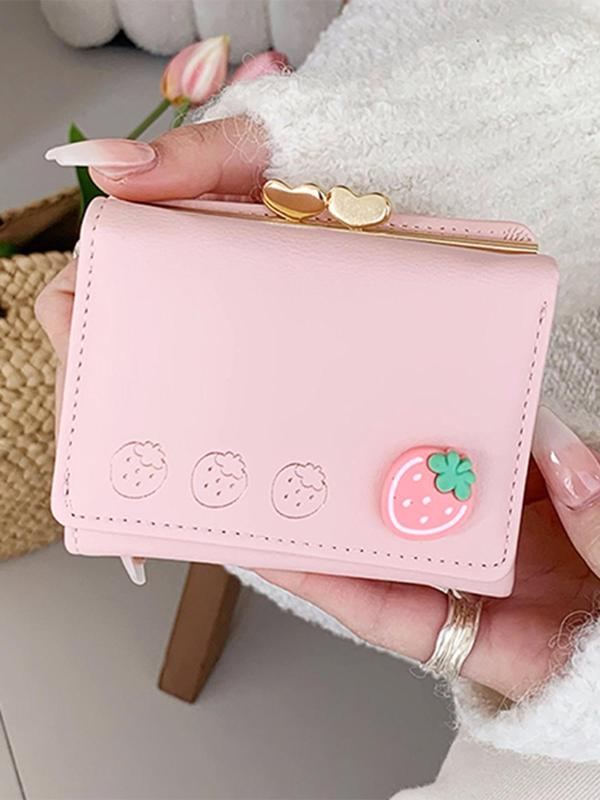 Women's Strawberry Decor Short Wallet, Cute Fruit Design Bifold Wallet, Multi Card Large Capacity Buckle Wallet for Women & Girls