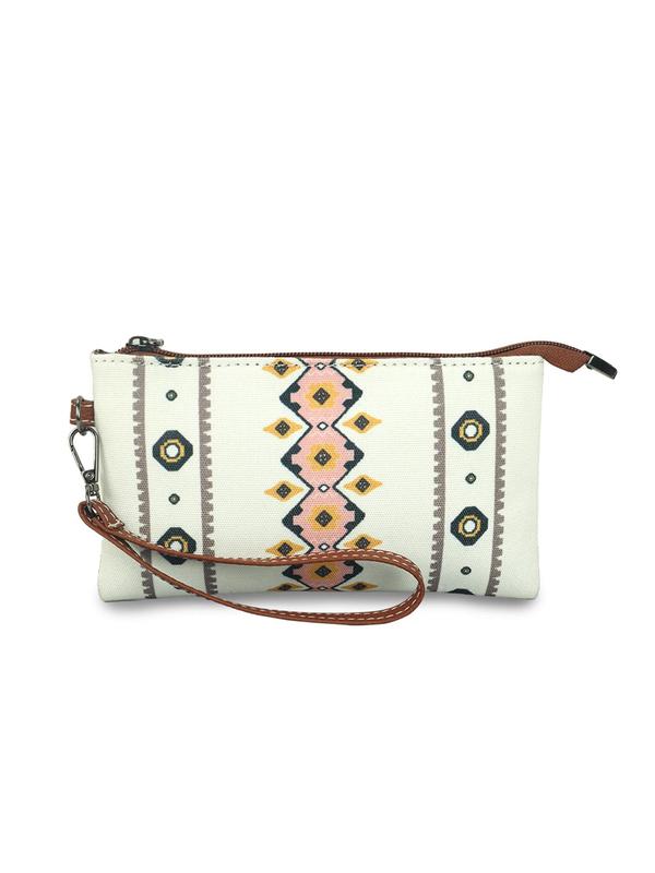 Random Ethnic Pattern Canvas Clutch With Chain Strap,  Boho Style Zipper Wallet For Women, Spring Trendy Beach Bag For Travel