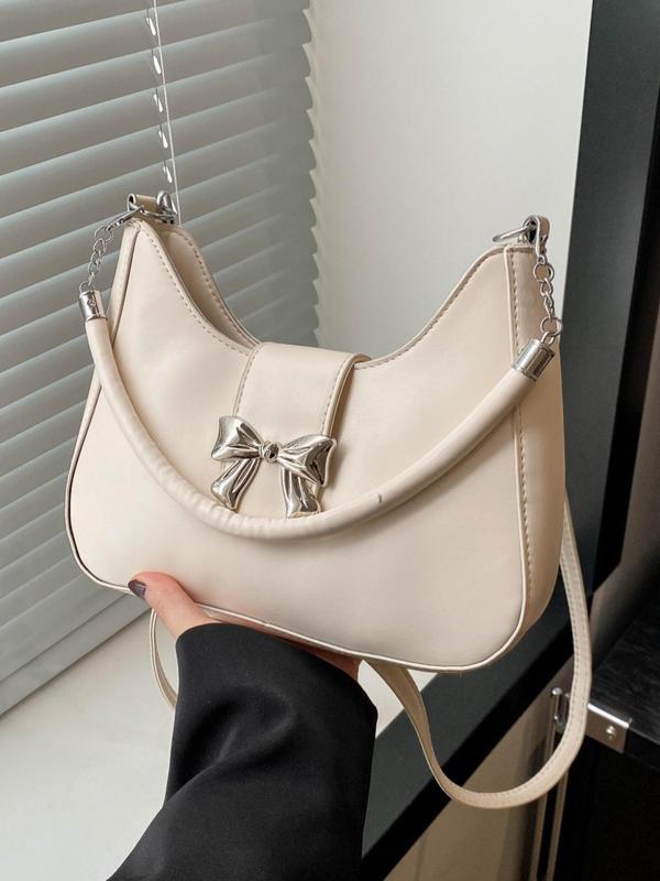 Minimalist Temperament Bow Decorated Shoulder Bag, 2024 New Style Solid Color Crossbody Bag with Adjustable Strap for Work & Daily Used, Casual Trendy Versatile High-quality Affordable Luxury Bag