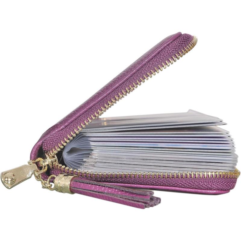 Womens Credit Card Holder Wallet Zip Leather Card Case RFID Blocking (Purple)