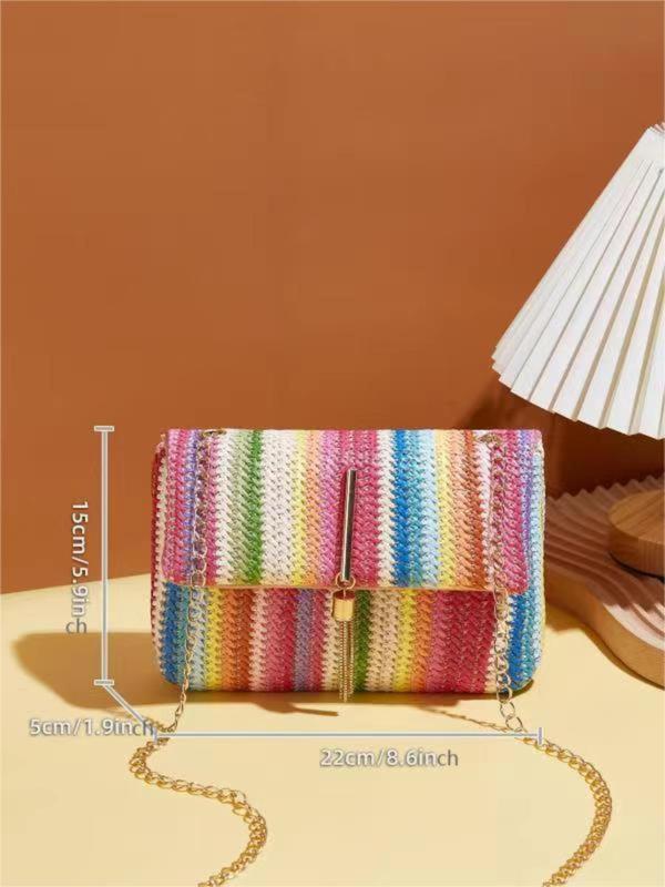 Women's Fashion Tassel Decorated Straw Crossbody Bag, Summer Casual Striped Pattern Design Flap Shoulder Bag for Daily Used, Female Classic Square Bag