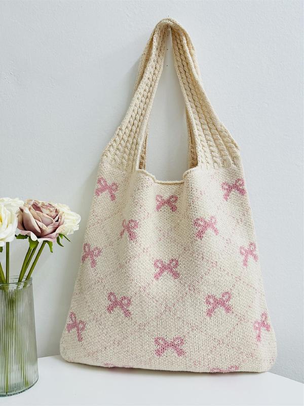 Women's Bow Pattern Everything Tote Bag, Fashionable Plain Crochet Shoulder Bag for Spring Daily Use, Summer Casual Trendy Versatile High-quality Daily Commuting Work Bags for Women