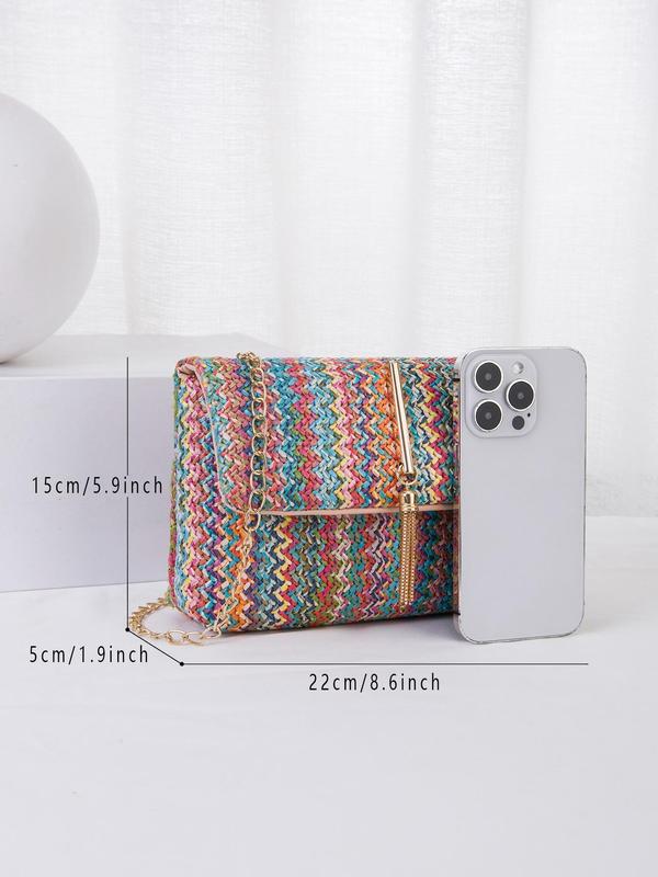 Women's Fashion Tassel Decorated Straw Crossbody Bag, Summer Casual Striped Pattern Design Flap Shoulder Bag for Daily Used, Female Classic Square Bag