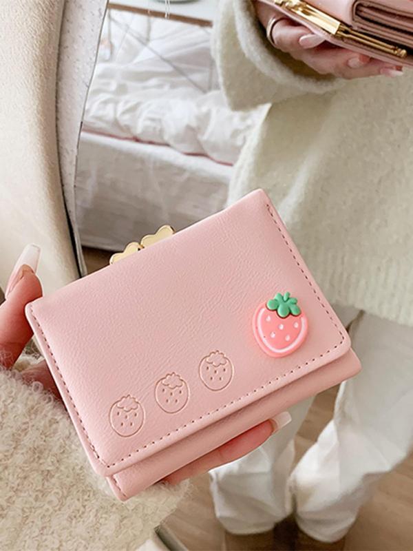 Women's Strawberry Decor Short Wallet, Cute Fruit Design Bifold Wallet, Multi Card Large Capacity Buckle Wallet for Women & Girls