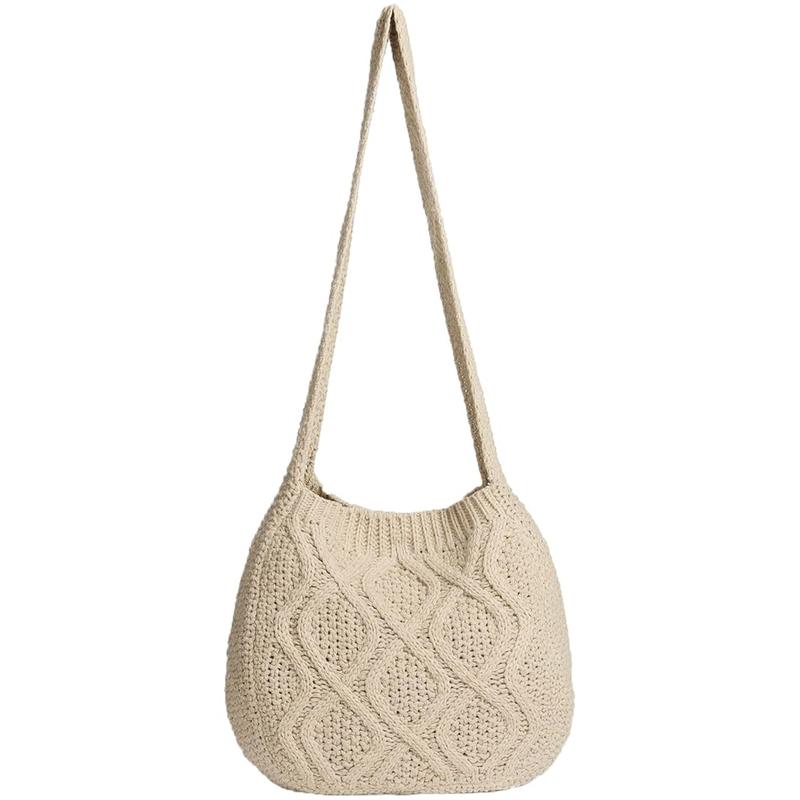 Women's Minimalist Solid Color Crochet Shoulder Bag, Simple Design Plain Crossbody Bag, Casual Fashionable Knitting Bag, Large knit Bag Tote Bag Handbags