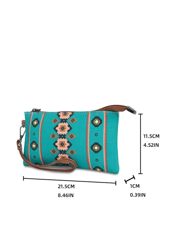 Random Ethnic Pattern Canvas Clutch With Chain Strap,  Boho Style Zipper Wallet For Women, Spring Trendy Beach Bag For Travel