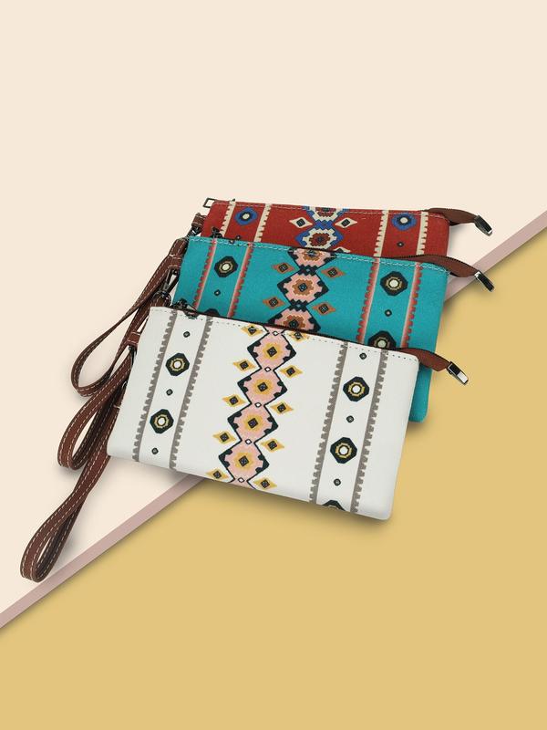 Random Ethnic Pattern Canvas Clutch With Chain Strap,  Boho Style Zipper Wallet For Women, Spring Trendy Beach Bag For Travel