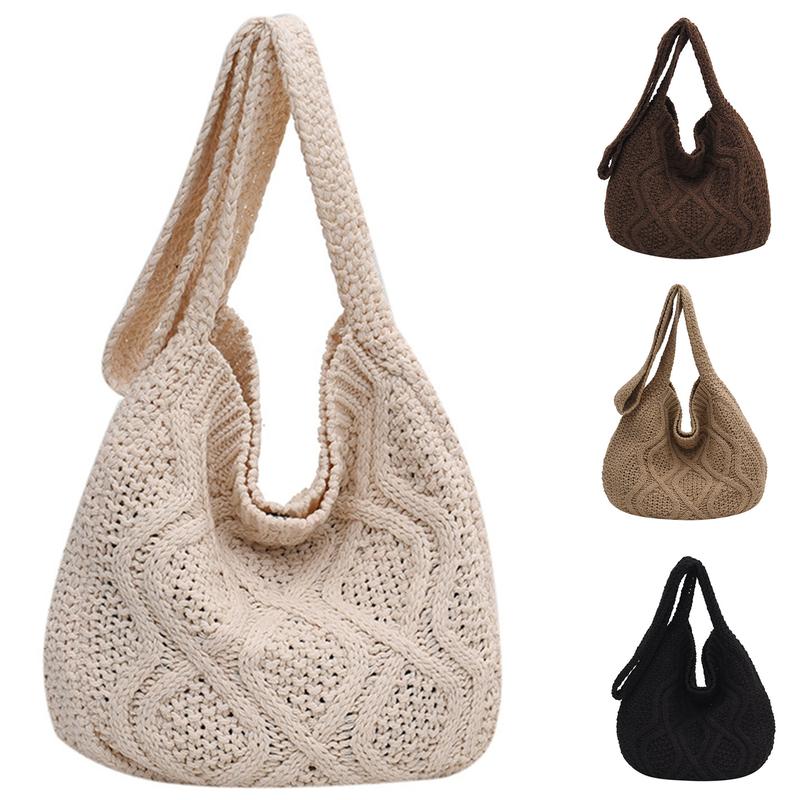 Women's Minimalist Solid Color Crochet Shoulder Bag, Simple Design Plain Crossbody Bag, Casual Fashionable Knitting Bag, Large knit Bag Tote Bag Handbags