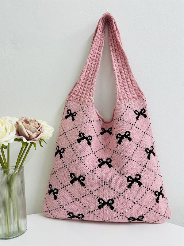 Women's Bow Pattern Everything Tote Bag, Fashionable Plain Crochet Shoulder Bag for Spring Daily Use, Summer Casual Trendy Versatile High-quality Daily Commuting Work Bags for Women