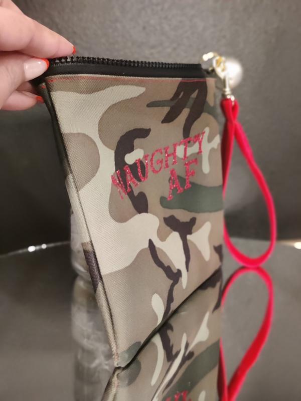 Women's Camouflage Print Zipper Wristlet with Red Glittery 'Naughty AF' Text and Silver Ornament Charm