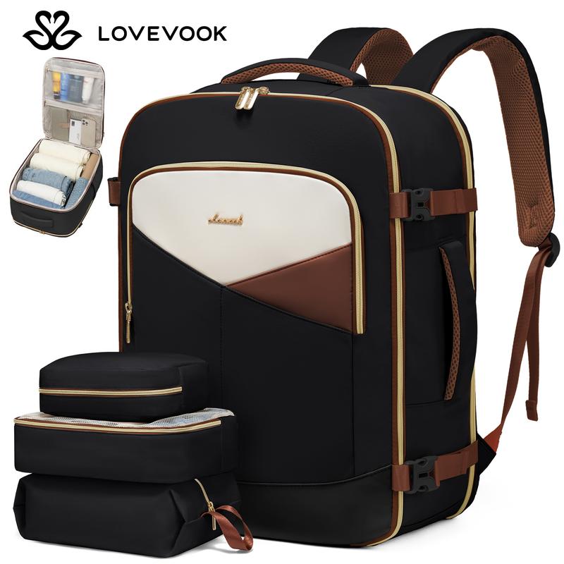 LOVEVOOK Christmas Carry On Travel Bagpack for Man and Women, Waterproof Backpack for Travel with 3 Packing Cubes, Color-Blocked Bag with Laptop Compartment, Perfect Airplane Travel Essentials and Gift for Christmas, TSA Approved Carry On Size