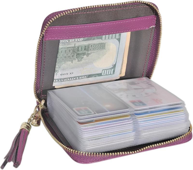 Womens Credit Card Holder Wallet Zip Leather Card Case RFID Blocking (Purple)