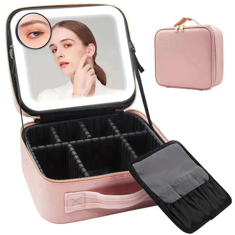 Large Cosmetic Organizer, 1 Count Makeup Bag with Detachable Light-up Mirror, Waterproof Makeup Bag with Adjustable Dividers, Spacious Storage Bag