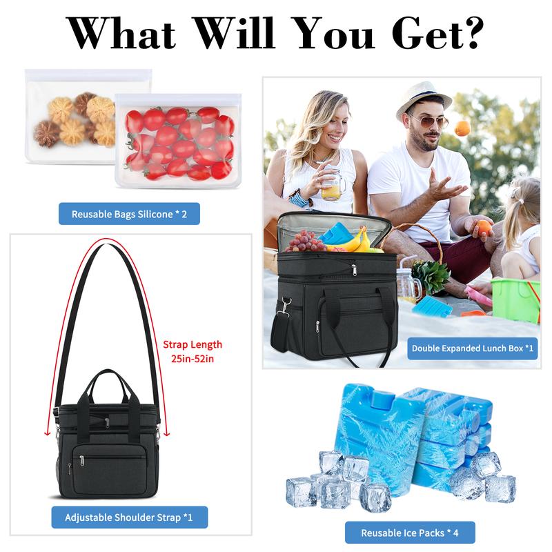 Coobiiya 23L Large Capacity Expandable Insulated and Cooler Lunch Box for Men with 4 Ice packs&2 Snack Bags for Adult Women Work Picnic Camping lunch bag