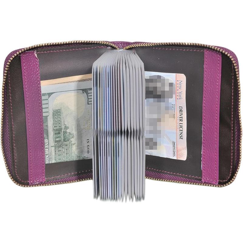 Womens Credit Card Holder Wallet Zip Leather Card Case RFID Blocking (Purple)