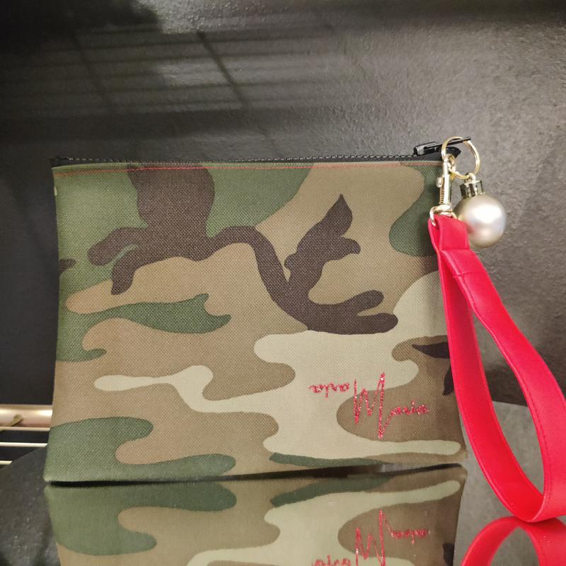 Women's Camouflage Print Zipper Wristlet with Red Glittery 'Naughty AF' Text and Silver Ornament Charm