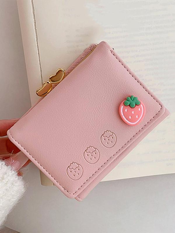 Women's Strawberry Decor Short Wallet, Cute Fruit Design Bifold Wallet, Multi Card Large Capacity Buckle Wallet for Women & Girls