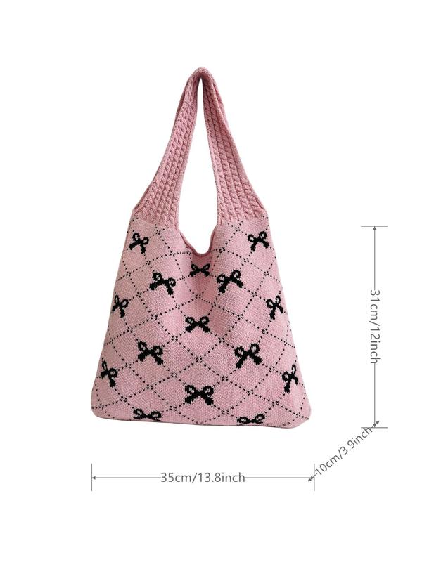 Women's Bow Pattern Everything Tote Bag, Fashionable Plain Crochet Shoulder Bag for Spring Daily Use, Summer Casual Trendy Versatile High-quality Daily Commuting Work Bags for Women