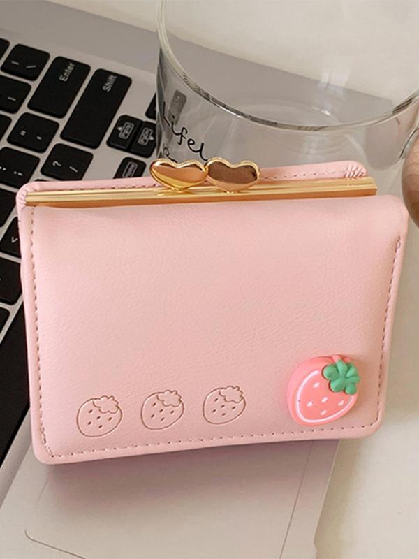 Women's Strawberry Decor Short Wallet, Cute Fruit Design Bifold Wallet, Multi Card Large Capacity Buckle Wallet for Women & Girls