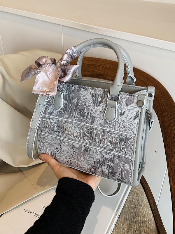 Women's Fashion Flower & Letter Embroidered Decorated Tote Bag, Casual Versatile Handbag for Daily Used, Trendy High-quality Daily Commuting Bag, Girl Fashionable Bag