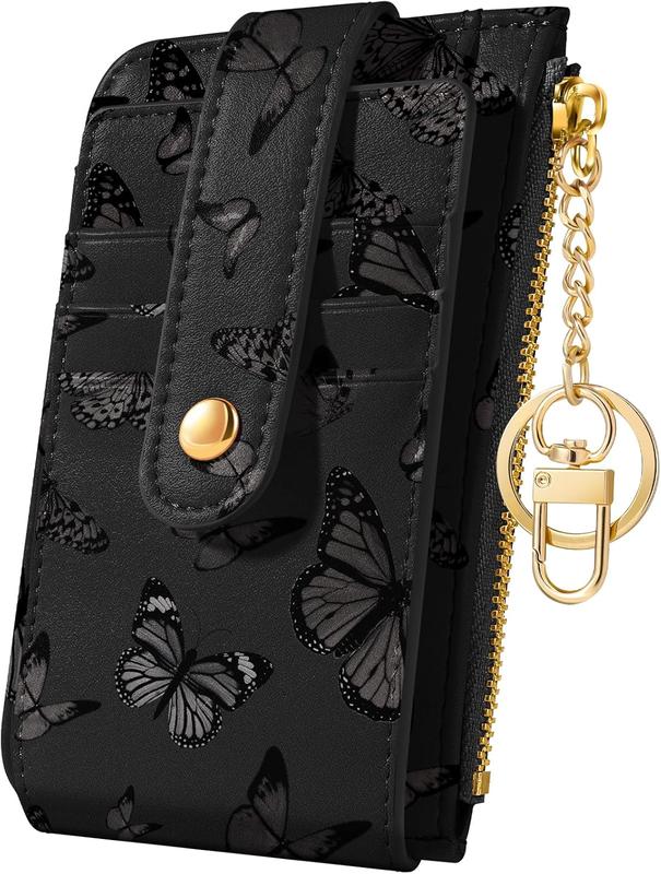 Credit Card Holder Wallet for Women - Cute Small for Ladies Teen Girls Female Rfid Butterfly Black Leather Cardholder Wallets Organizer Purse Girly Aesthetic Print Unique Zipper