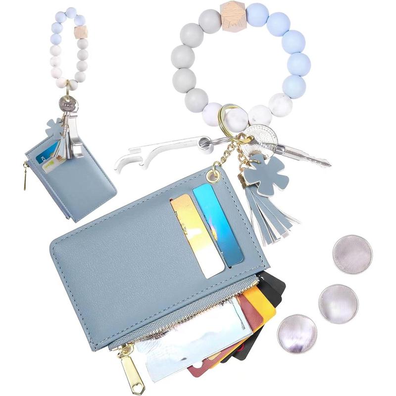 Wristlet Bracelet Keychain Wallet, Pocket Credit Card Holder Purse Tassel Key Chain Bangle Key Ring for Women