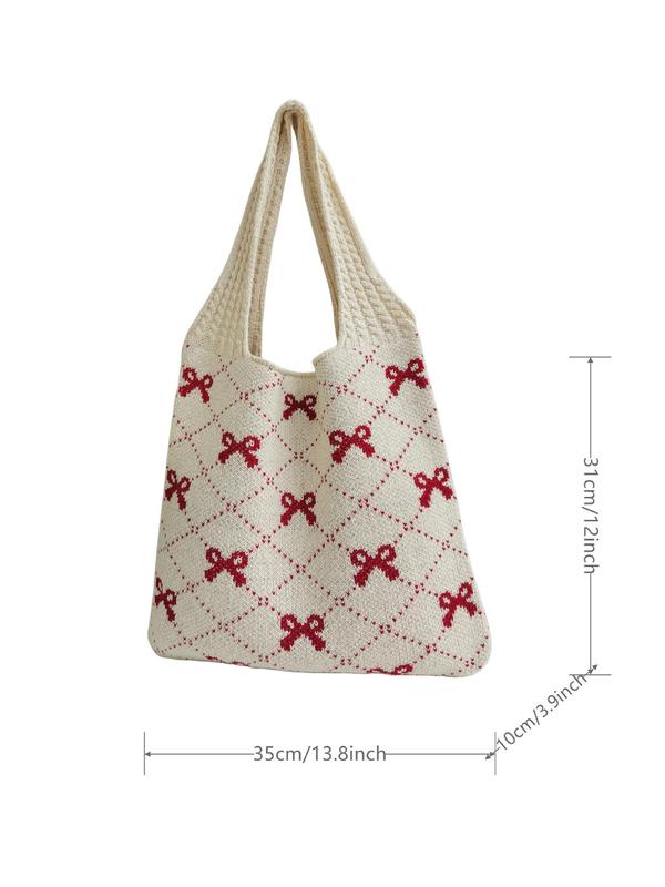 Women's Bow Pattern Everything Tote Bag, Fashionable Plain Crochet Shoulder Bag for Spring Daily Use, Summer Casual Trendy Versatile High-quality Daily Commuting Work Bags for Women