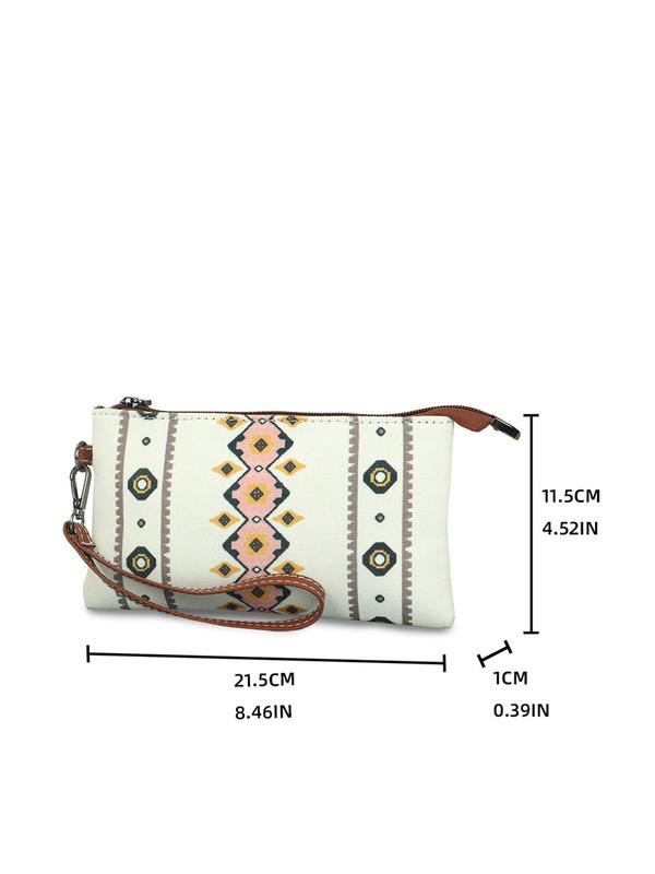 Random Ethnic Pattern Canvas Clutch With Chain Strap,  Boho Style Zipper Wallet For Women, Spring Trendy Beach Bag For Travel